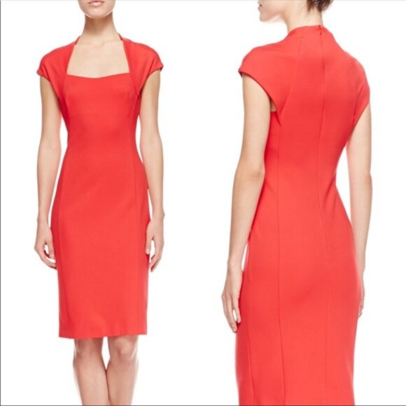 Womens Escada Dondi Poppy Red Square Neck Cap Sheath Cocktail Dress 40 US/M - Picture 1 of 16